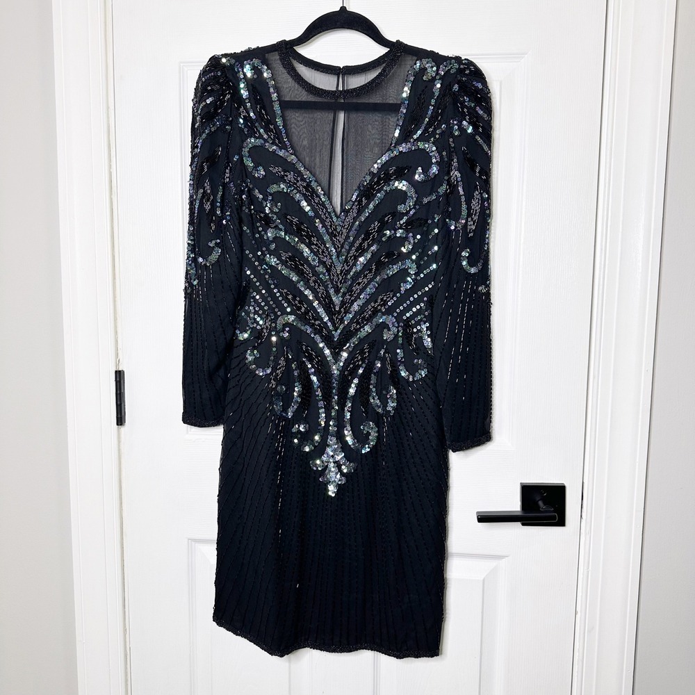 A.J. Bari 100% Silk Sequin Beaded Dress Size 4 Black Vintage Party Cocktail